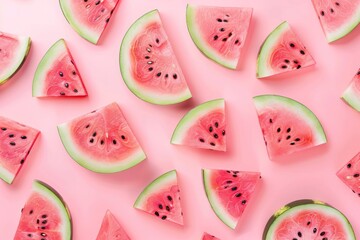 Pattern with ripe watermelon on pink background. Top View. Copy Space. Pop art design, creative...