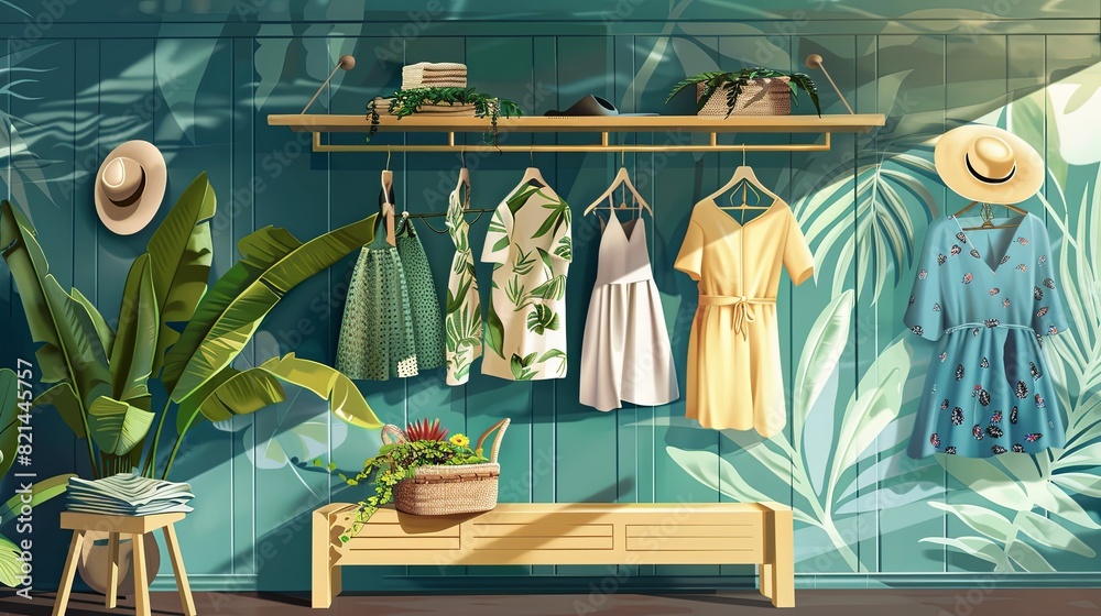 Poster a room filled with various dresses and shirts hanging on a rack, creating a fashionable display in a
