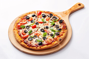 Vegetable pizza with black olives green peppers, and tomatoes on a wooden board