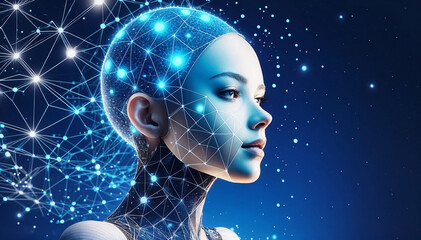 Artificial Intelligence Concept Visualization Technology, Portrait of a Female AI Robot Face on a Dark Blue Background, High Quality Image for Websites, Banners, Posters, Backgrounds and much more