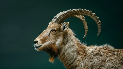 Goat With Long Horns in Front of Green Background