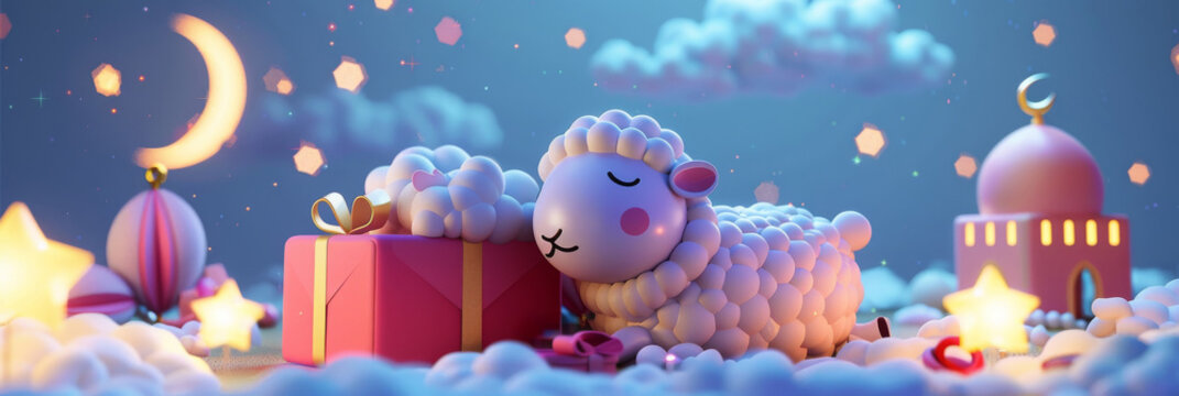  eid al adha cute 3d sheep on the background mosque, a crescent moon in the sky. Ai generative.