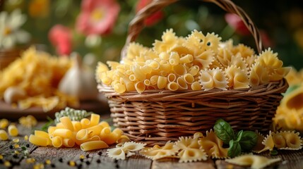 vintage pasta collection, an assortment of pasta varieties penne, fusilli, farfalle in a vintage-style basket, delving into the diverse world of pasta