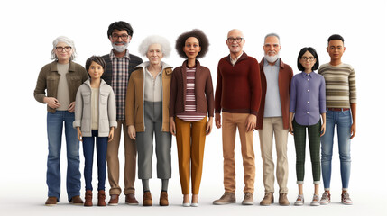 Fototapeta premium A diverse group of people between 10 and 50 years old standing together, smiling, in a hyper-realistic style. 