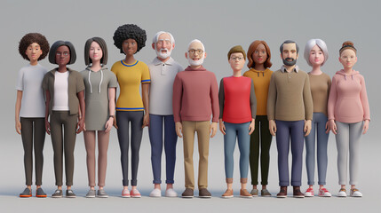Fototapeta premium A diverse group of people between 10 and 50 years old standing together, smiling, in a hyper-realistic style. 