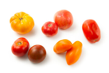 Assort of different shape and color tomatoes isolated on white background with clipping path. .