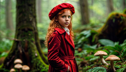 Modern Little Red Riding Hood in the forest. Generative AI