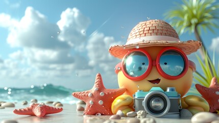 Fototapeta premium Design a whimsical 3D Blender scene with beach games, a beach trash bag, and a folding table on a clean white background with room for text.