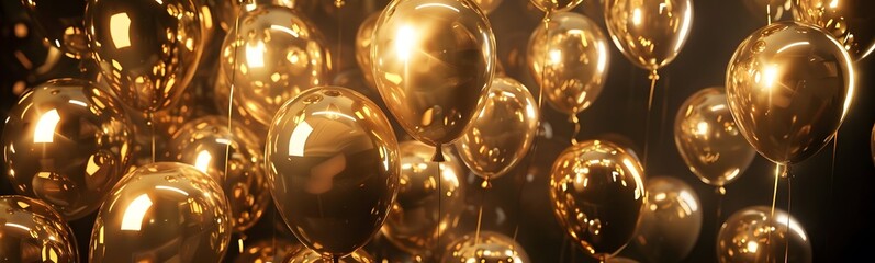 Obraz premium Gold balloons bunch on a black wall background. Horizontal banner.