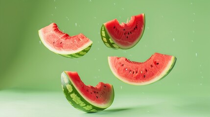Ripe and juicy watermelon falling in the air isolated on a pastel green backgroundRipe and juicy watermelon falling in the air isolated on a pastel green background. Generative Ai