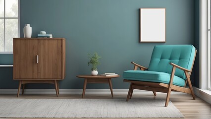 vintage interior of living room, Turquoise lounge chair with wood cabinet on Cool Gray wall