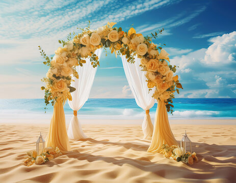 artistic illustration of a summer wedding arch with 
white tulles and flowers on the sandy tropical beach. Invitation card, summer wedding concept. space for your text or design
