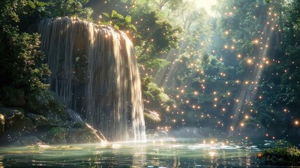 Enchanted Waterfall in a D Rendered Mystical Forest Shimmering with Sparkling Light