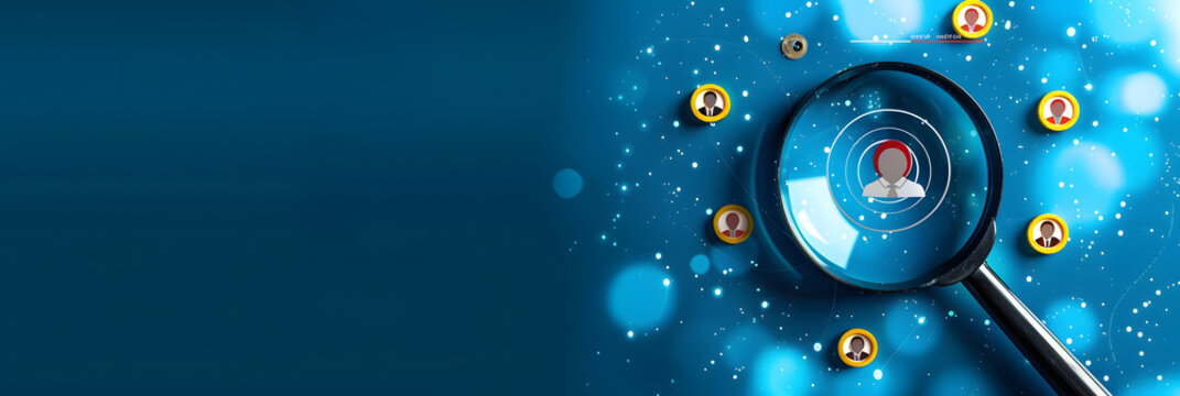 Closeup of magnifying glass with target and person icons on blue background, symbolizing horizon for potential new customer or employee. AI