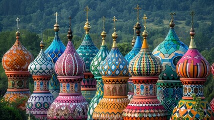 Obraz premium A row of onion domes on a church, each painted in vibrant patterns