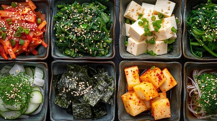 A selection of banchan dishes including seaweed salad, radish, and tofu