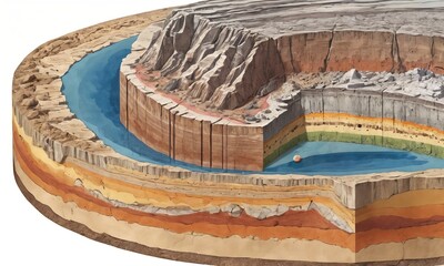 diagram of a river cutting through layers of earth. The layers are tan, orange, yellow, and white. The river is blue and has a small ball in it.