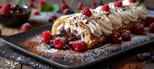 Food photography of Cannoli Cake in Italy restaurant. Cannoli Cake Images texture banner postcard horizontal.