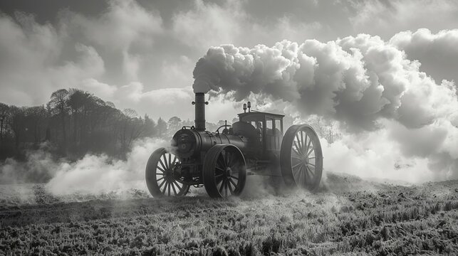 A steam tractor plowing fields in a rural setting, emitting clouds of steam