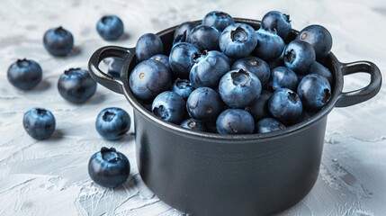 Pot with ripe blueberries on light table . Generative Ai