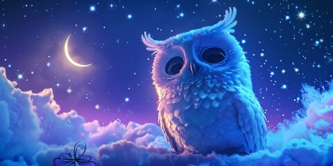 Cute owl 3d toy on the night background, in the sky, white clouds and stars. Ai generative.
