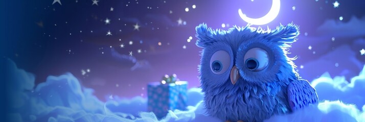 Cute owl 3d toy with gifts on the night background, in the sky, white clouds and stars. Ai generative.