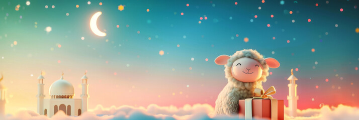 Eid Al Adha, Eid Mubarak Greetings Card with cute sheep 3d style, Islamic holiday.Ai generative