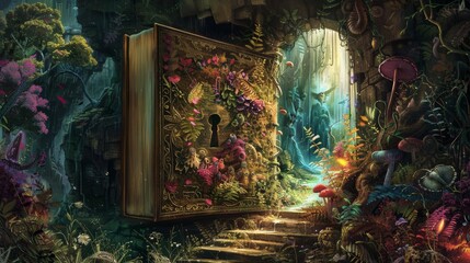 Fantasy book with a keyhole and a magical forest doorway for a fantasy book cover design
