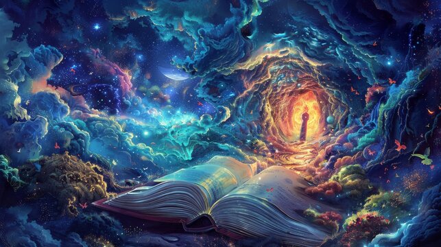 Fantasy book with a keyhole and a magical forest doorway for a fantasy book cover design