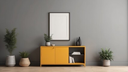Cloudy Gray cabinet on Mustard wall with blank frame mockup