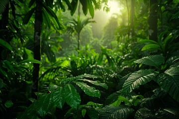 Lush rainforest at sunrise