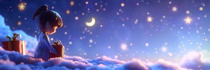 Fairy with gifts on the night background, star in the sky, white clouds. Fantastic banner. Ai generative.