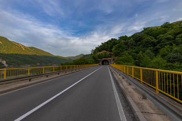 The road is marked by a yellow guardrail and curves gently into the tunnel, inviting the viewer to...
