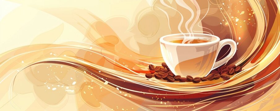 Vector art of a caffee cup. The coffee cup is surrounded by a warm orange glow, giving the image a cozy and inviting atmosphere