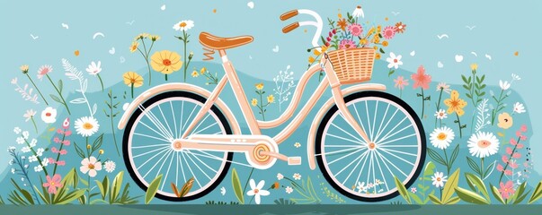 Fototapeta premium A bicycle with a basket full of flowers on it. The flowers are in various colors and are scattered all over the basket. The bicycle is parked in a field with a blue sky in the background