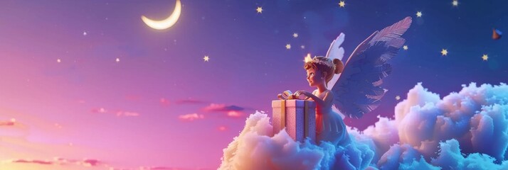 Fairy with gifts on the night background, star in the sky, white clouds. Fantastic banner. Ai generative.