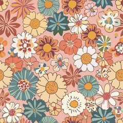 trendy floral seamless pattern vintage 70s style hippie flower background design colorful pastel color groovy artwork y2k nature backdrop with daisy flowers
