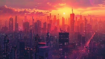 Fototapeta premium Futuristic city skyline at sunset for cyberpunk or urban themed designs