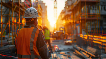 Fototapeta premium Construction worker in safety gear observing the site at sunrise, emphasizing dedication and progress in building projects.