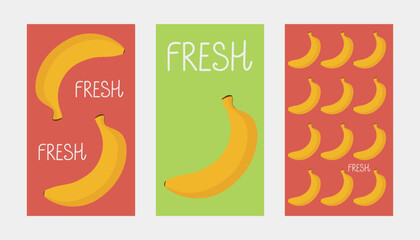 Set of summer backgrounds with bananas. Vector illustration for poster, card, print, background, wallpaper, banner, advertising, label.