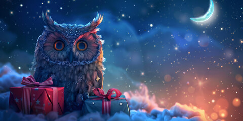 Cute owl 3d toy with gifts on the night background, in the sky, white clouds and stars. Ai generative.