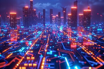 Futuristic Cityscape with Digital Circuit Overlay