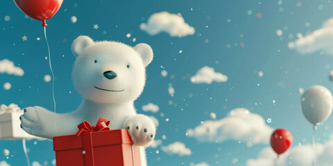 Toy bear and gift box on a blue background with copy space. Greting card concept. Ai generative.