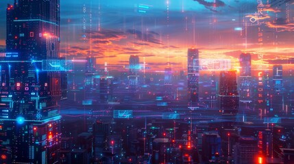 Futuristic neon city skyline for tech or game design