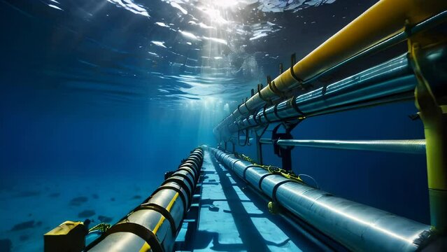 Underwater pipeline for oil and gas transport, subsea industry equipment at sea bottom, metal conduit in blue ocean, petroleum production and energy supply technology