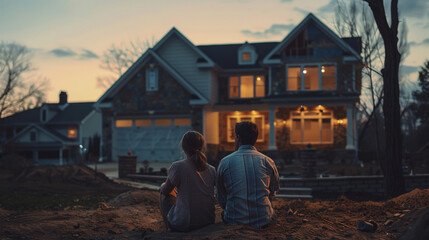 A couple sits in front of their suburban home at sunset, enjoying the tranquil, glowing ambiance of their neighborhood.