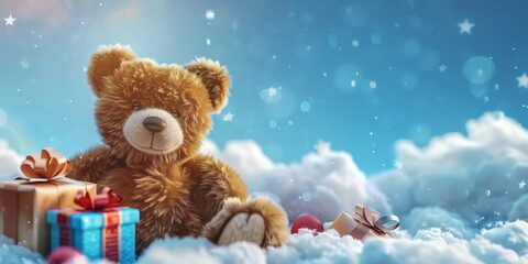 Toy bear and gift box on a blue background with copy space. Greting card concept. Ai generative.