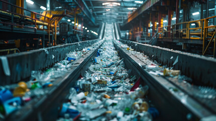 Obraz premium Conveyor belt in a recycling plant loaded with plastic waste, highlighting the process of sorting and recycling materials.