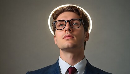 Arrogant beautiful young man in a fashion suit and in glasses looking up at camera and a halo above his head. 