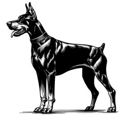Hand drawn illustration of fierce doberman dog, vector sketch isolated on transparent background.